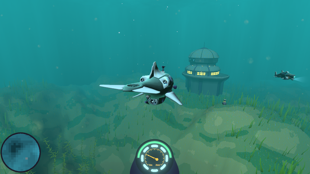 a screenshot from my submarine game showing the player approaching a distance underwater station